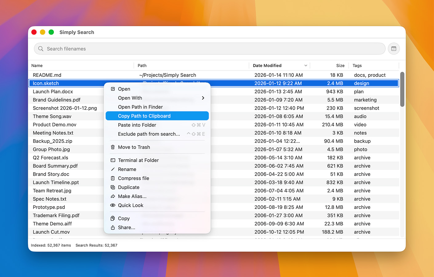 Simply Search displaying filename results in a searchable list on macOS